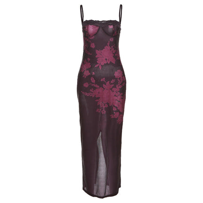 Strap Lace Slim Sheath Print Retro Dress
