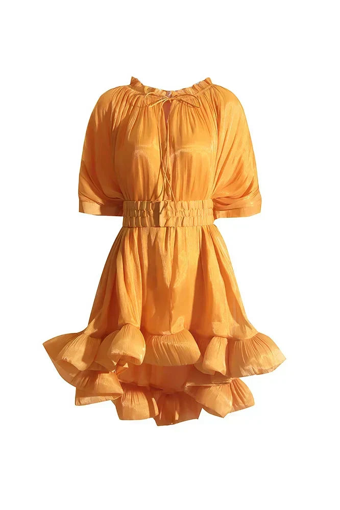 Ruffle Collar Cape Sleeve Stitched Waist Panel Tiered Flounce Hem Mini Dress