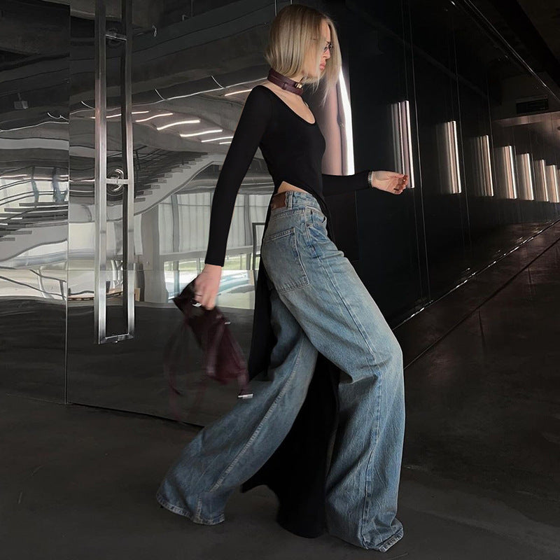 Asymmetric Square Neck Long Sleeve High-Low Hem Top and Wide-Leg Jeans Set
