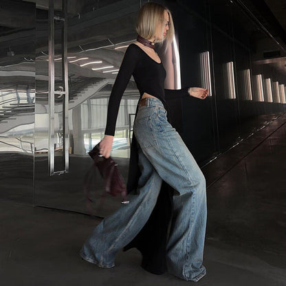 Asymmetric Square Neck Long Sleeve High-Low Hem Top and Wide-Leg Jeans Set