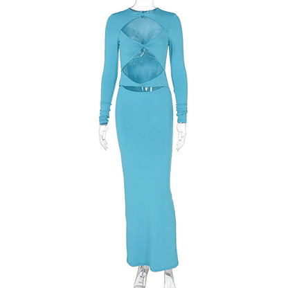 Hollowed out Solid Color Long Sleeve Slim Fit Cropped Dress
