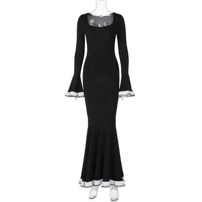 French  Slim Solid Color Slimming Bell Sleeve Dress