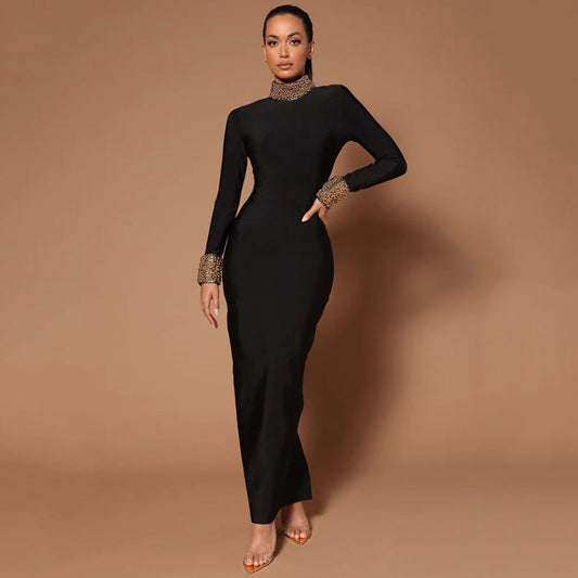 Diamond Bead Long Sleeve Bandage Dress Backless Party Cocktail Dress