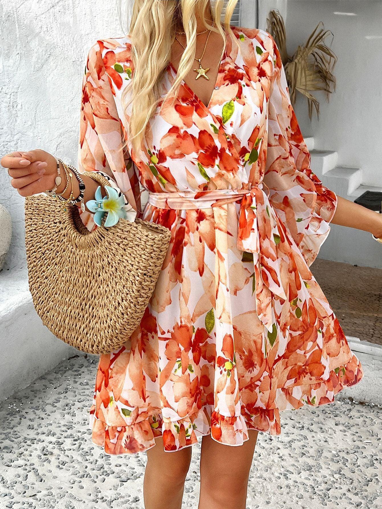 RUFFLE FLORAL WRAP MINI DRESS ORANGE SUMMER