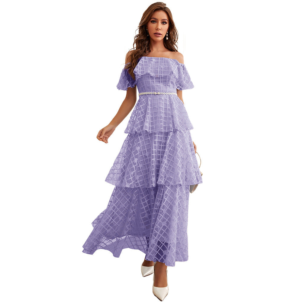 Off Shoulder Pearl Belted Tiered Ruffle Grid Print Organza Maxi Dress