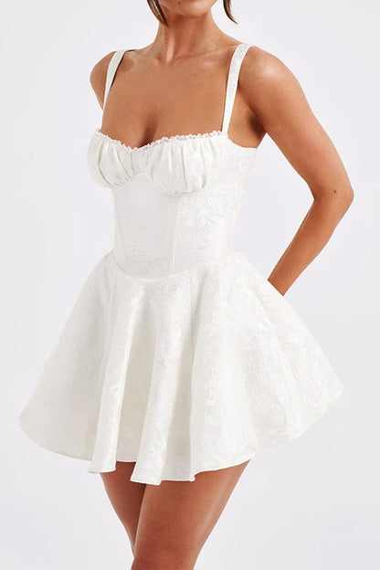 Jacquard Fabric Halter Back Elegant Bow Slim Fit Mini Dress