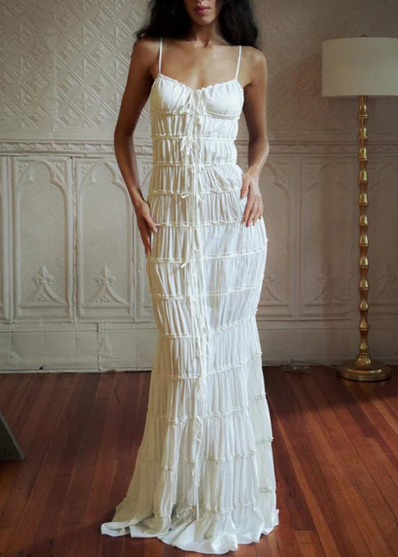 Spaghetti Strap Sweetheart Neck Smocked Tiered Ruffle Tie Front Maxi Dress
