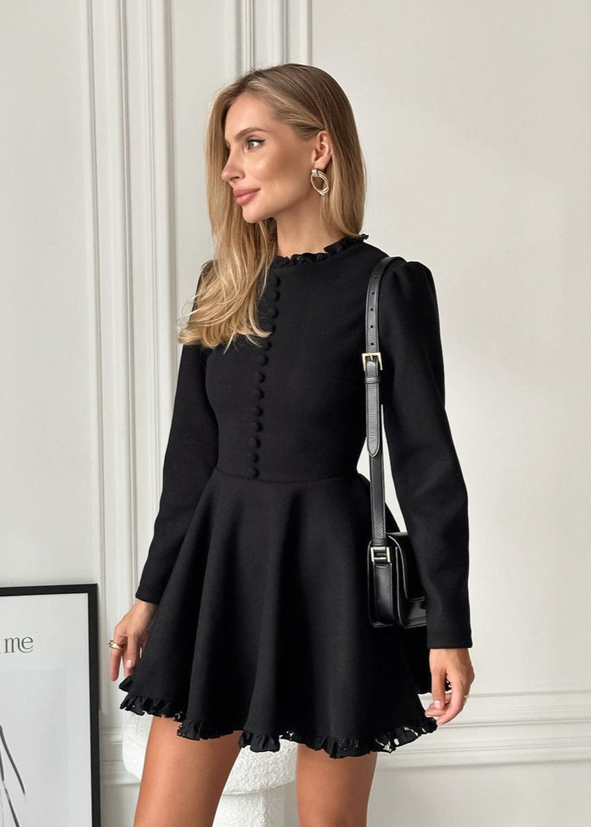 Ruffle Collar Button Front Pleated Fit and Flare Mini Dress