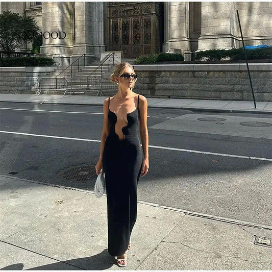 Solid black cutout suspender maxi dress