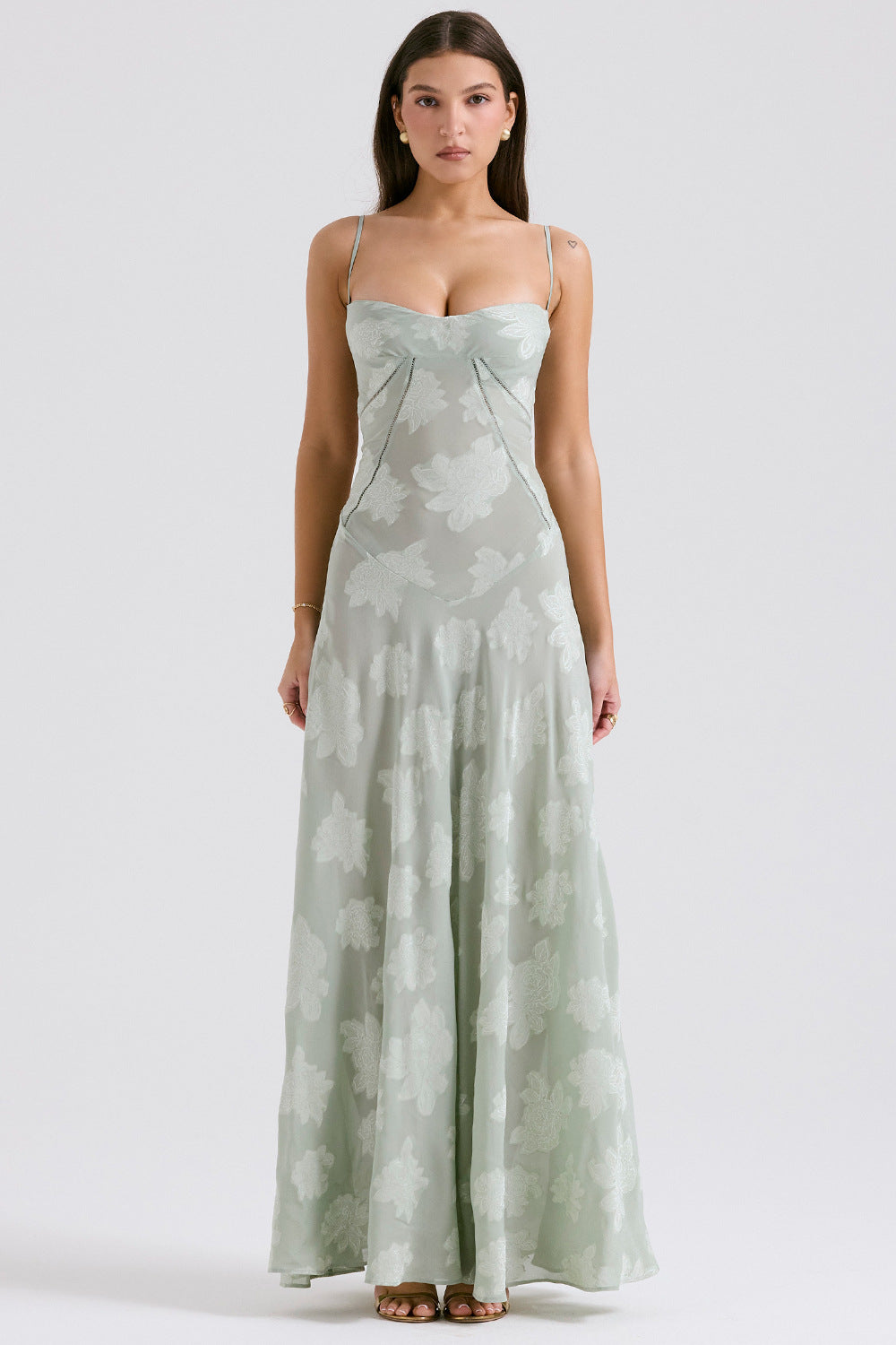 Floral Jacquard Corset Bodice Spaghetti Strap Lace-Up Back Floor-Length Gown