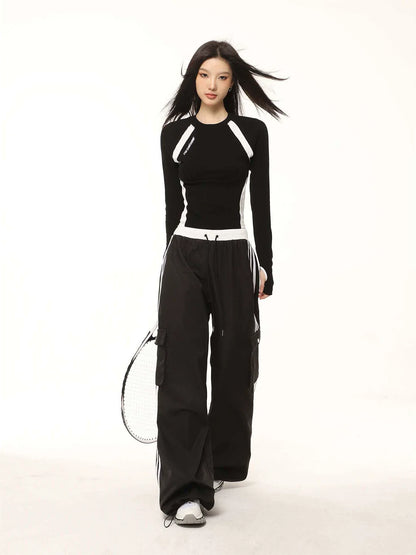 Contrast Color Regular Shoulder Long Sleeve T-shirt