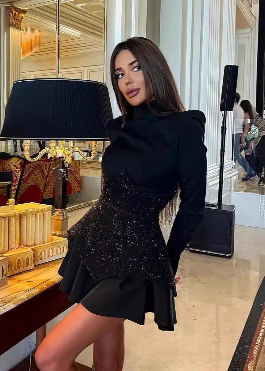 Mock Neck Long Sleeve Sequin Corset Waist Pointed Panel Pleated Skater Mini Dress