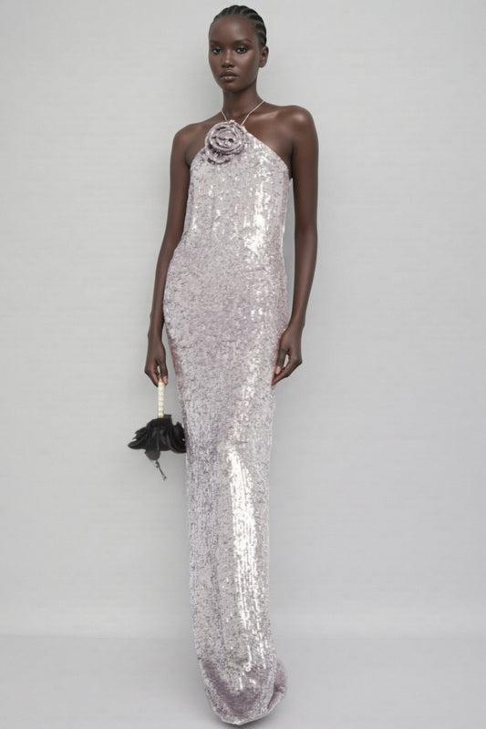 Soraya Silver Sequin 3D Floral Maxi Dress