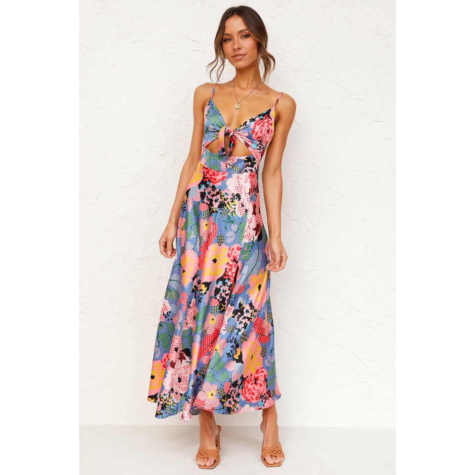 Patchwork Floral Print Spaghetti Strap Cut Out Tie Front Midi Dress