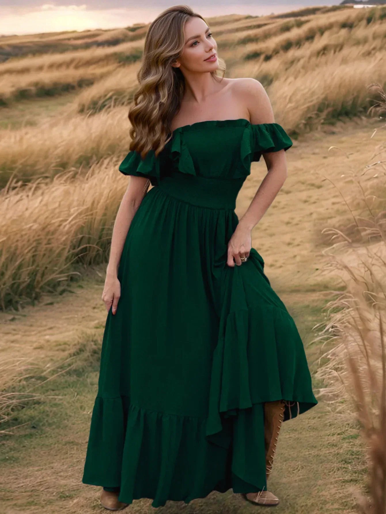 Green Ruffle Maxi Dress for Petite Women Wedding Gown