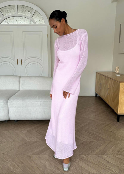 Sheer Knit Layered Spaghetti Strap Slip Long Sleeve Maxi Dress
