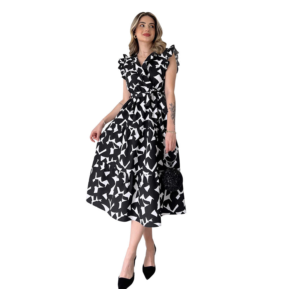 Deep V-Neck Flutter Sleeve Tie Waist Tiered Abstract Geo Print Wrap Midi Dress