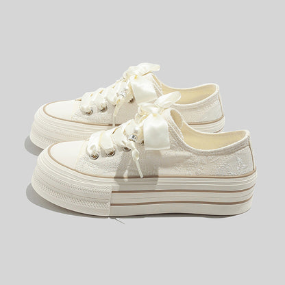 Women's Beige Platform Sneakers With Elegant Satin Lacing