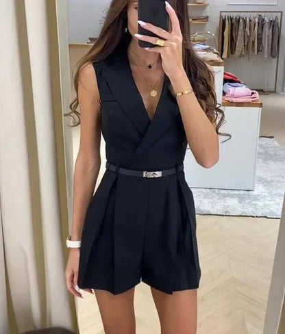 Pleated Wide-Leg Black Jumpsuit for Women