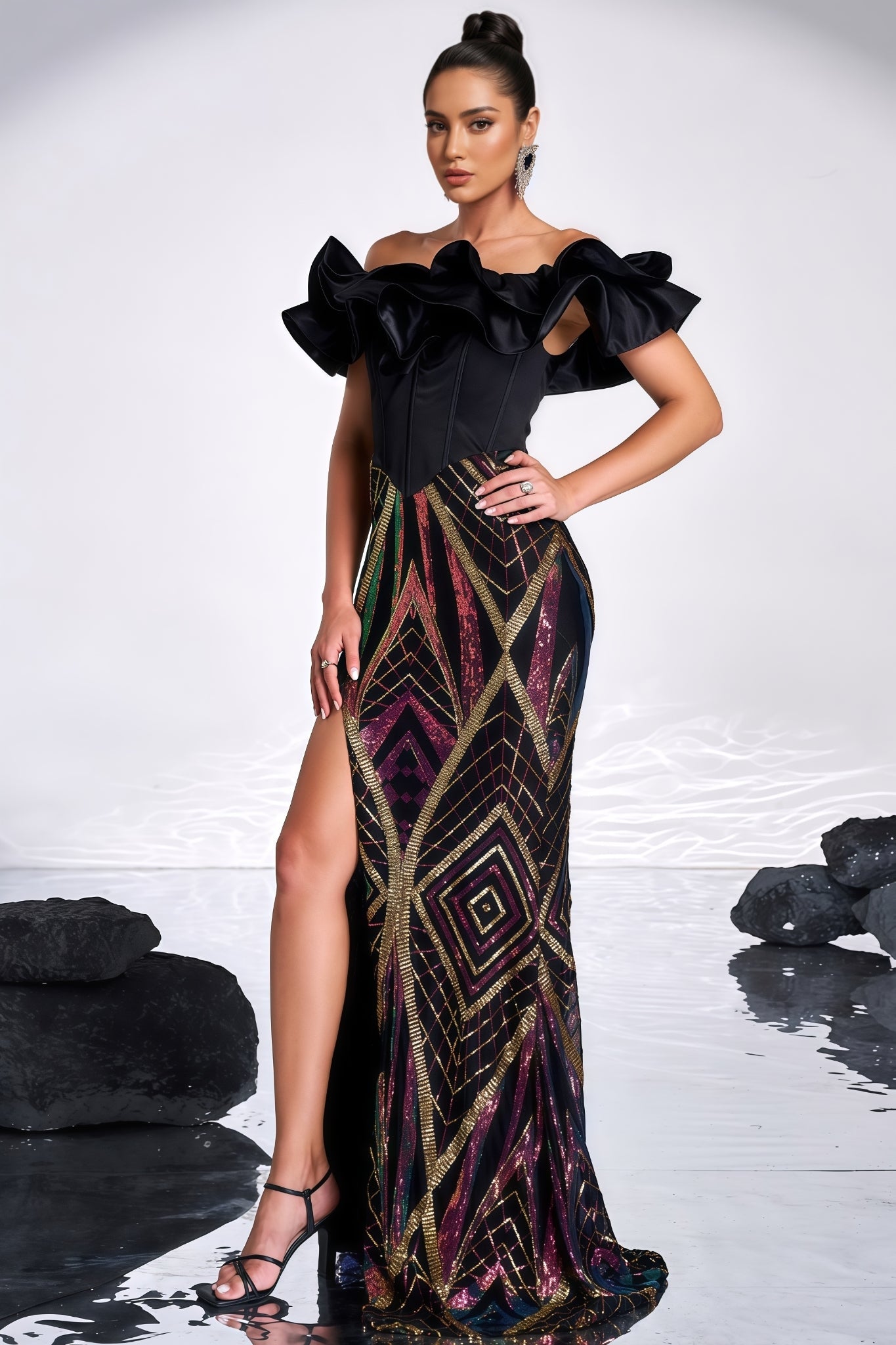 Rebekah Black Sequined Slit Maxi Dress