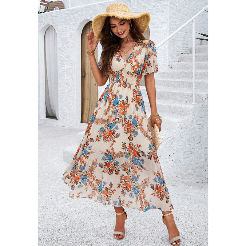 Floral Print V-Neck Smocked Waist Flutter Sleeve Maxi Dress