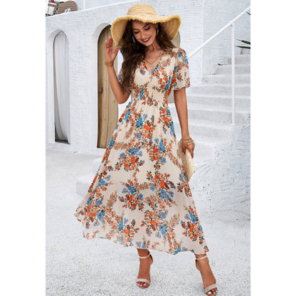 Floral Print V-Neck Smocked Waist Flutter Sleeve Maxi Dress