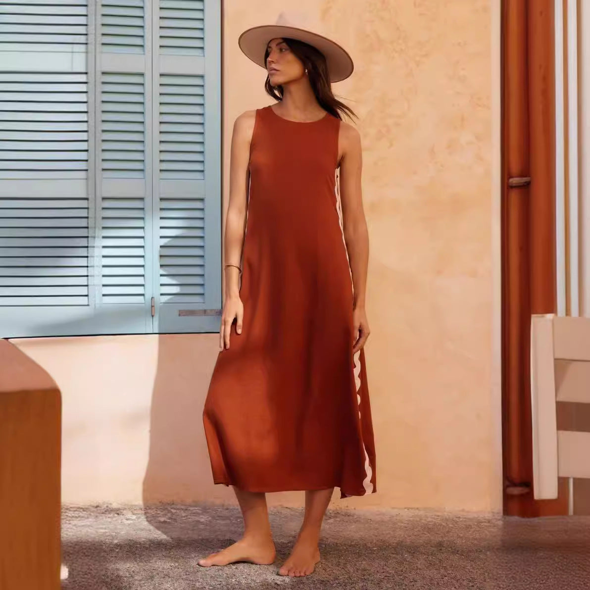 Crew Neck Sleeveless Scalloped Ric Rac Trim Side Slit Maxi Dress
