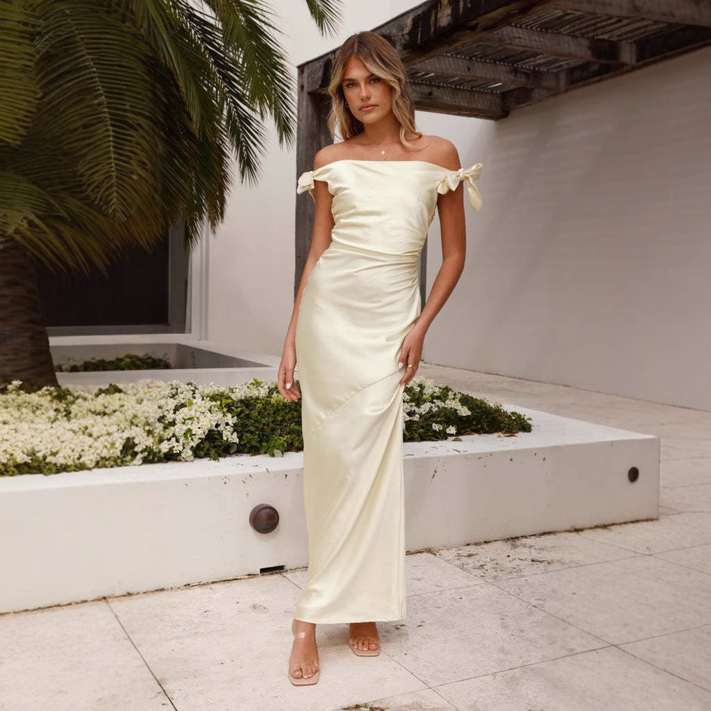 Off Shoulder Bow Strap Ruched Side Seam Panel Bodycon Maxi Dress