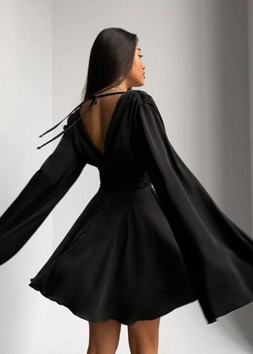 Plunging V-Neck Satin Bell Sleeve Ruffle Hem Fit and Flare Mini Dress