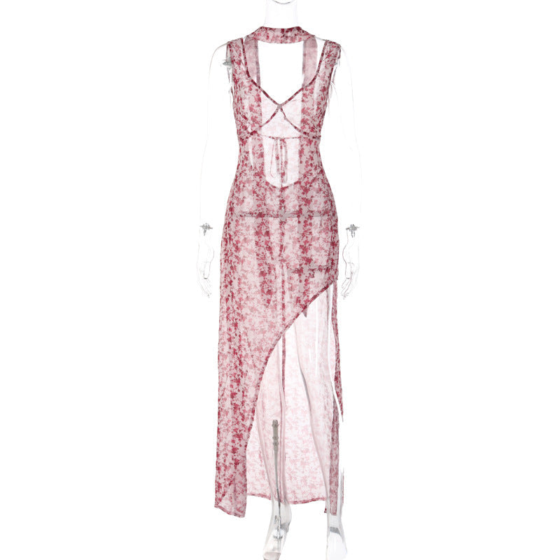 Strap Floral Backless High Split Tied