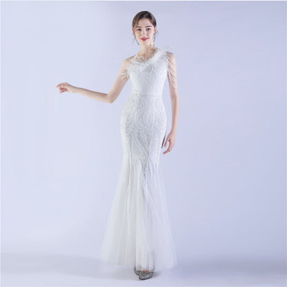 Craft Beaded plus Ostrich Feather High End Sequined Evening Dress