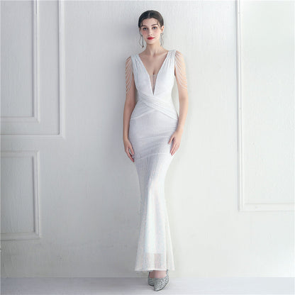 Craft Beaded Sequined Car Model Exhibition Host Dinner Long Evening Dress Fishtail Dress