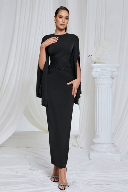 Nali Solid Black Round Neck Maxi Dress