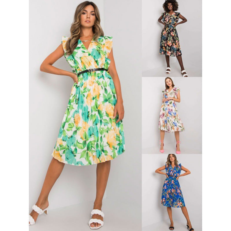 Large Floral Print Surplice V-Neck Ruffle Shoulder Pleated Belted Midi Dress