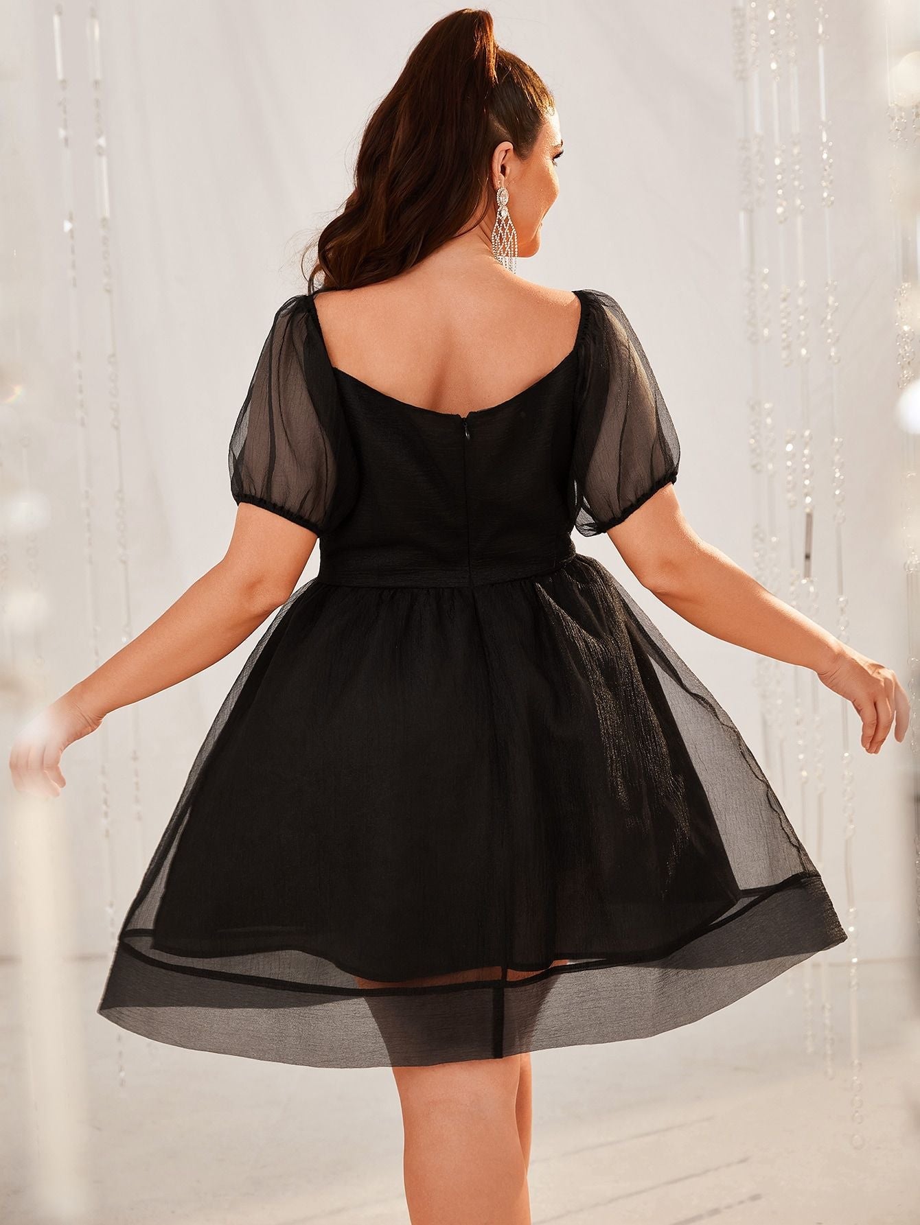 Plus Size Dress Organza Puff Sleeve Dress Mesh Elegant Dress