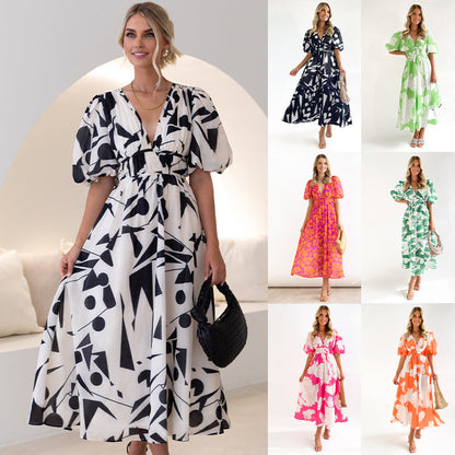 Printed V neck Puff Sleeve Large Swing Dress for