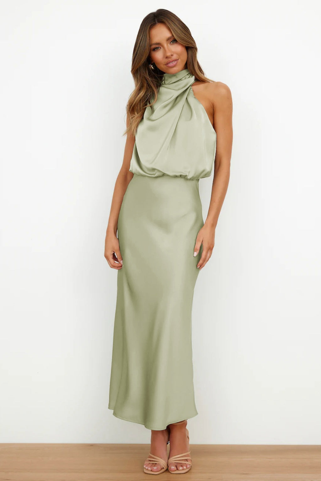 Halter Draped Cowl Neck Gathered Waist Satin Maxi Dress