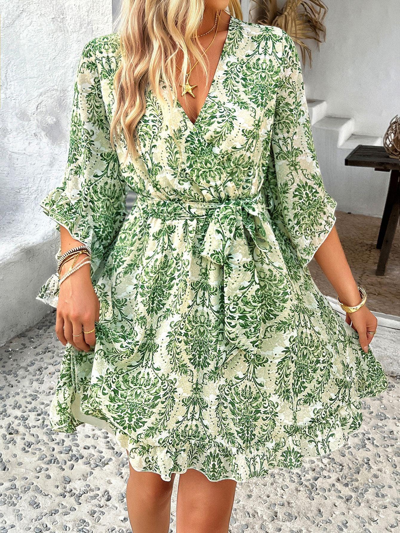 Boho Ruffle Wrap Mini Dress Green