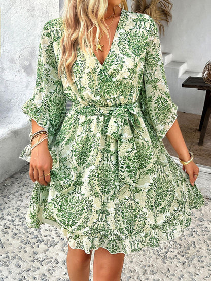 Boho Ruffle Wrap Mini Dress Green