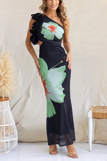 Floral Print One-shoulder Fitted Mesh Maxi Dress