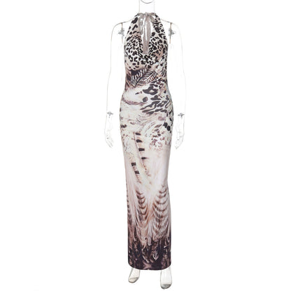 Printed Backless Slim Fit Lace up Dress
