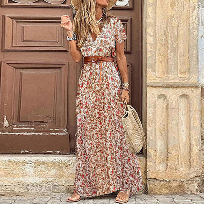 Paisley Print Deep V-Neck Short Sleeve High Slit Flowy Maxi Dress