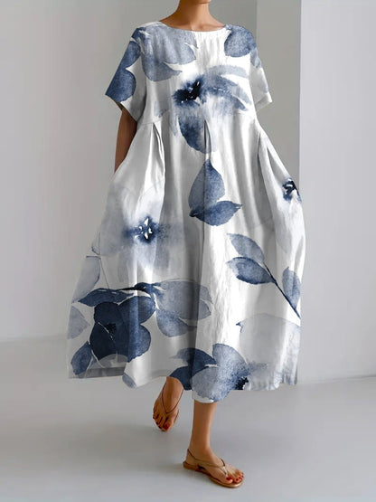 Blossom Print Crew Neck Gathered Waist Pocket Midi Dress