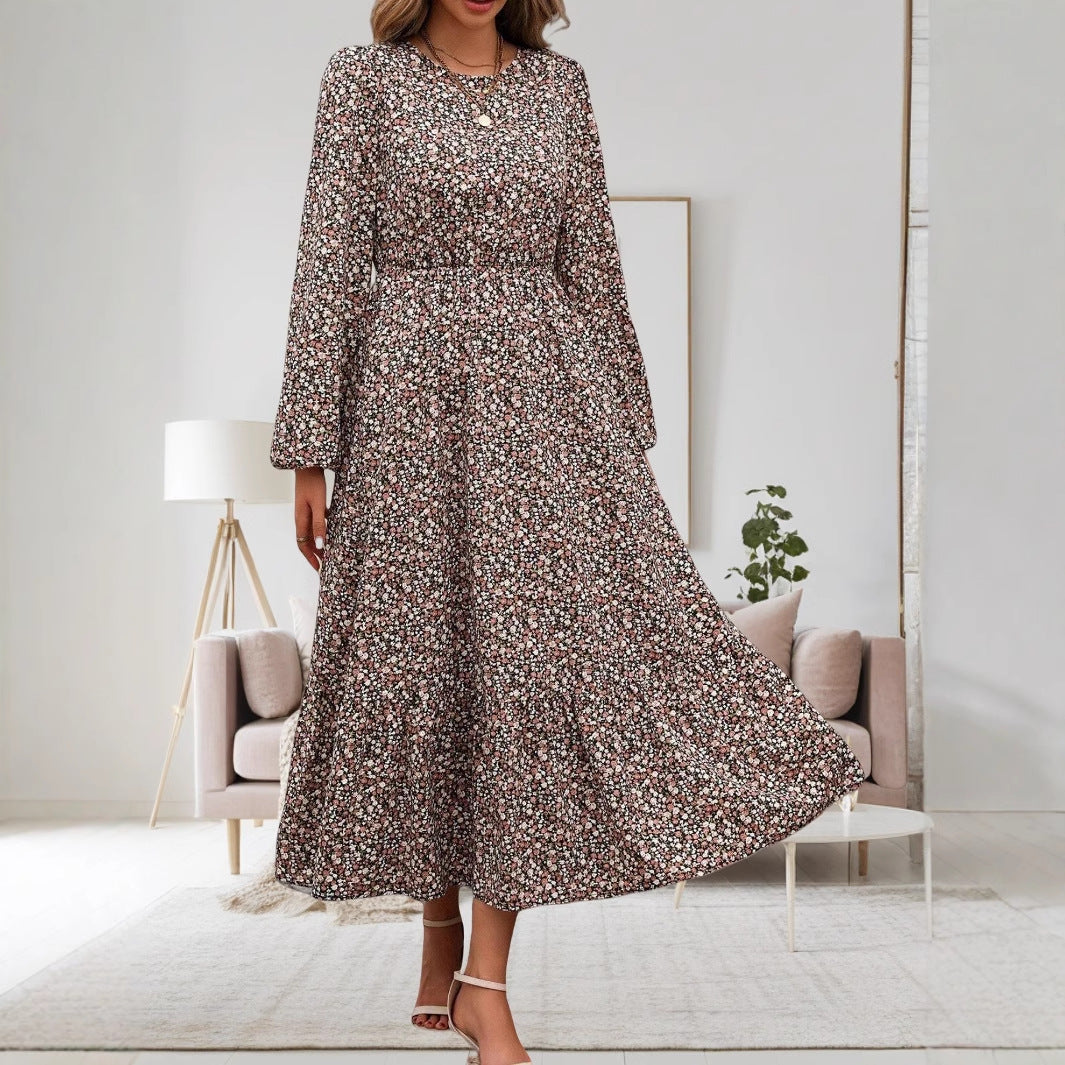 Ditsy Floral Round Neck Long Sleeve Smocked Waist Tiered Ruffle Maxi Dress
