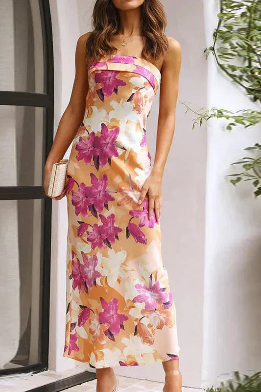 Floral Print Open Back Ruched Strap Satin Slip Maxi Dress