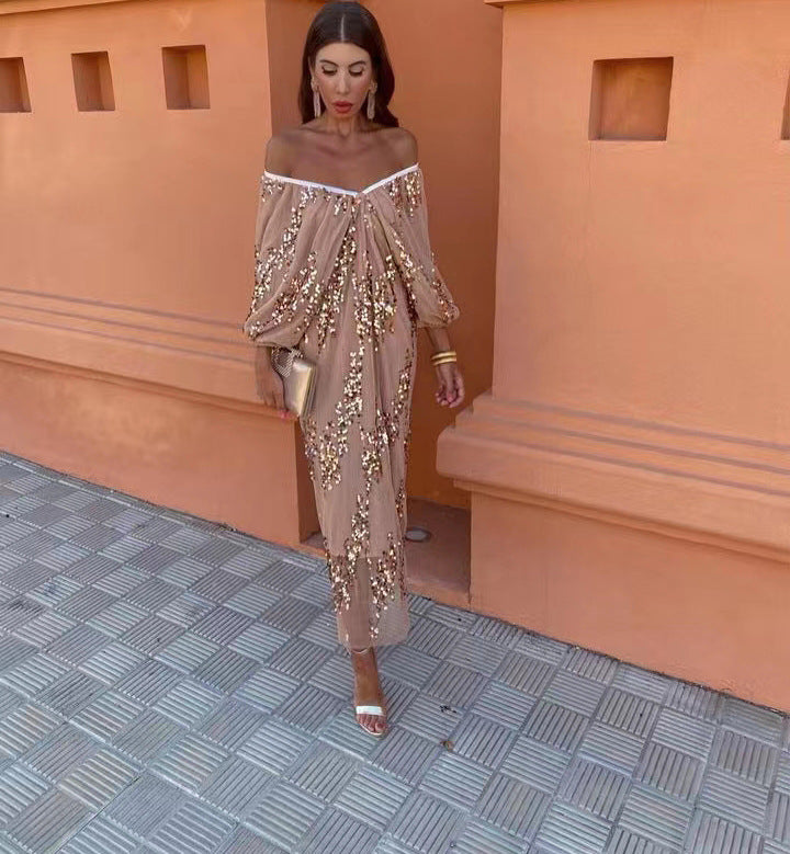 Off Shoulder Balloon Sleeve Sequin Deep V-Neck Maxi Dress