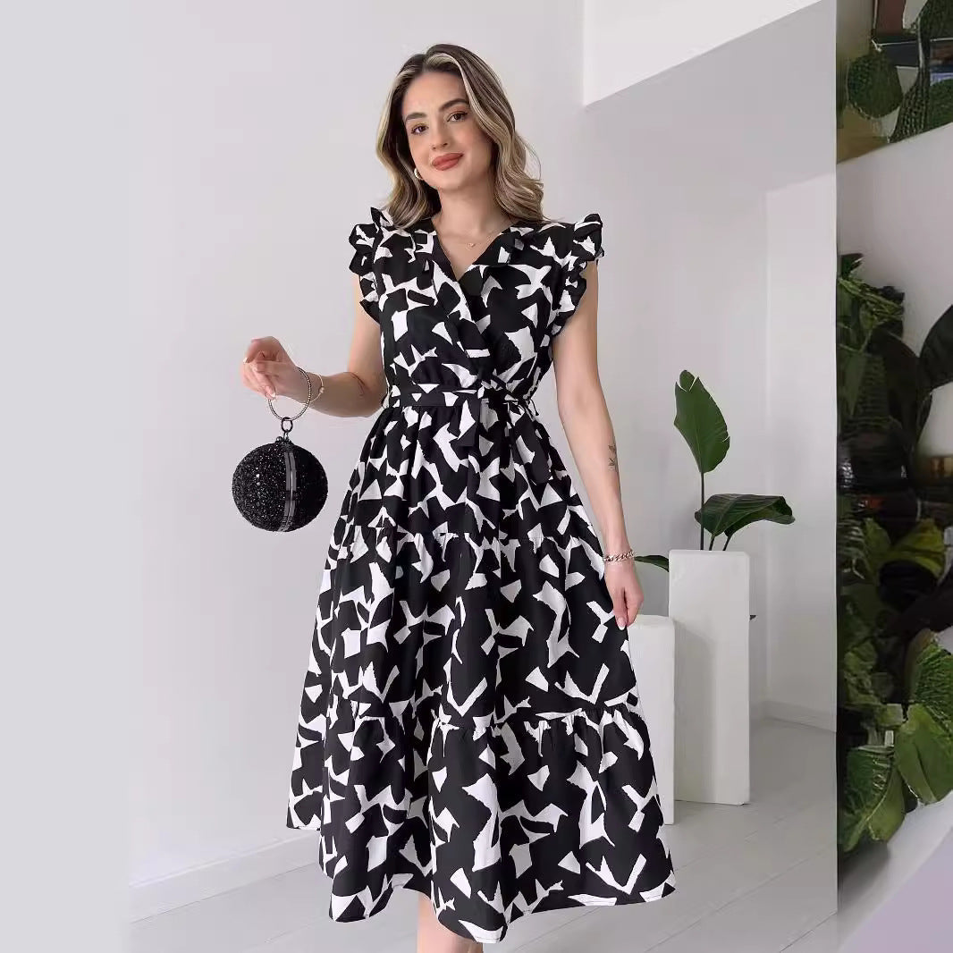 Deep V-Neck Flutter Sleeve Tie Waist Tiered Abstract Geo Print Wrap Midi Dress