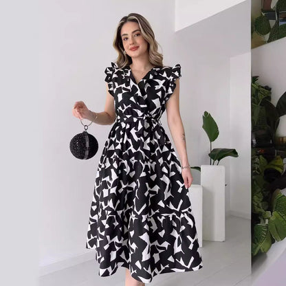 Deep V-Neck Flutter Sleeve Tie Waist Tiered Abstract Geo Print Wrap Midi Dress