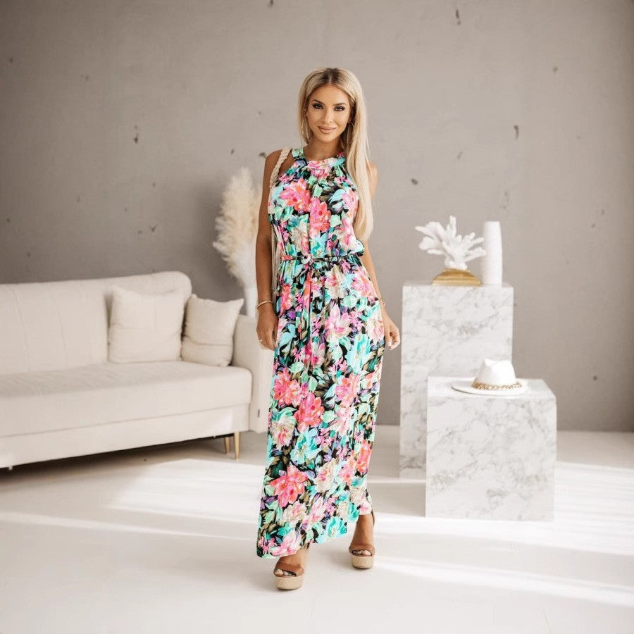 Tropical Leaf Print Halter Tie-Waist Belted Maxi Dress