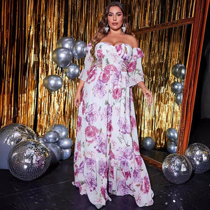 Plus Size Five Quarter Sleeve Waist Hollow Out Cutout Out Long Off Shoulder Chiffon Printed Dress